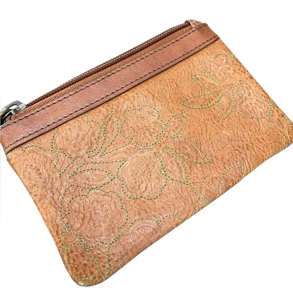 Fossil Brown with green Floral Stitched Leather ID Wallet EUC